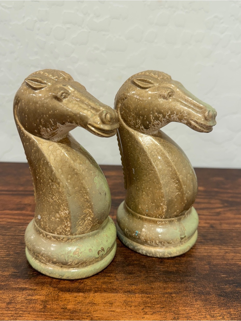 Vintage-Inspired Gold and Green Horse Head Knight Chess Piece Paperweights
